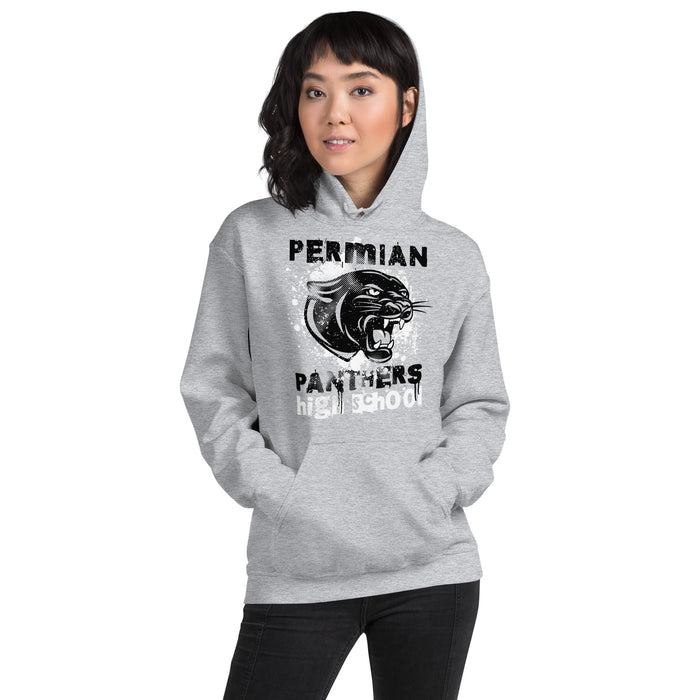 Woman wearing Permian High School Panthers Grey Classic Unisex Hoodie 205