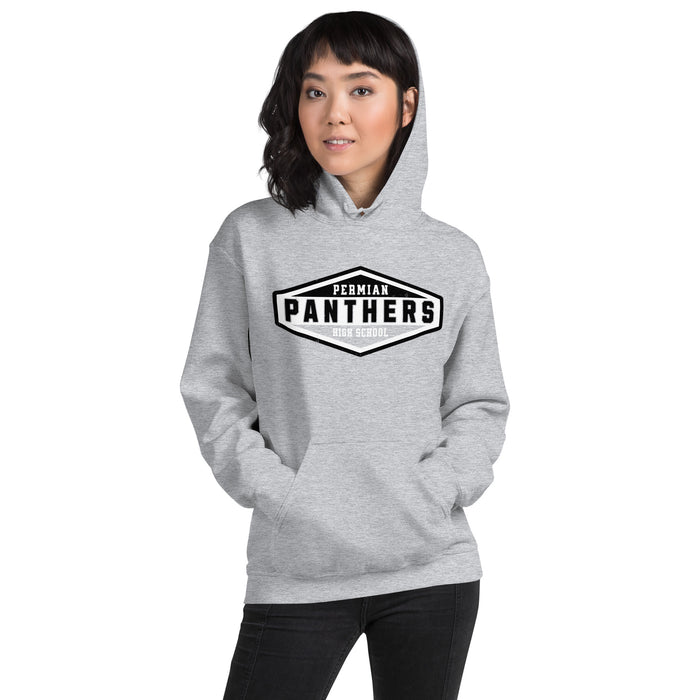Woman wearing Permian High School Panthers Grey Classic Unisex Hoodie 009
