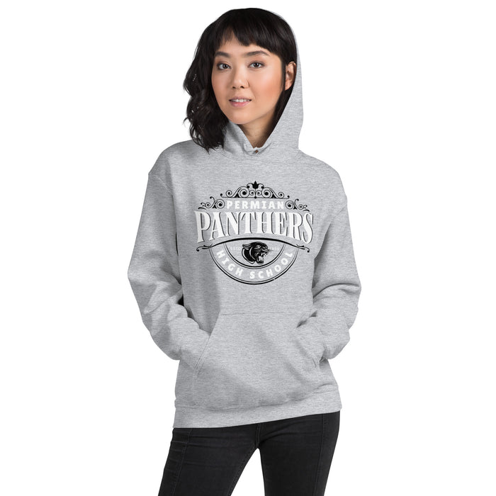 Woman wearing Permian High School Panthers Grey Classic Unisex Hoodie 211