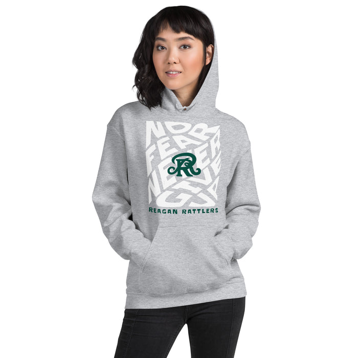 Woman wearing Reagan High School Rattlers Grey Classic Unisex Hoodie 236