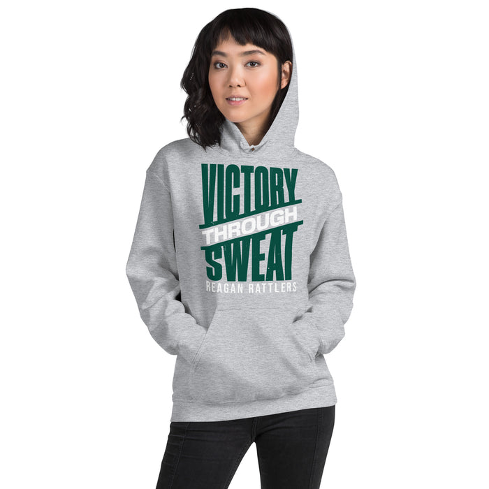 Woman wearing Reagan High School Rattlers Grey Classic Unisex Hoodie 241