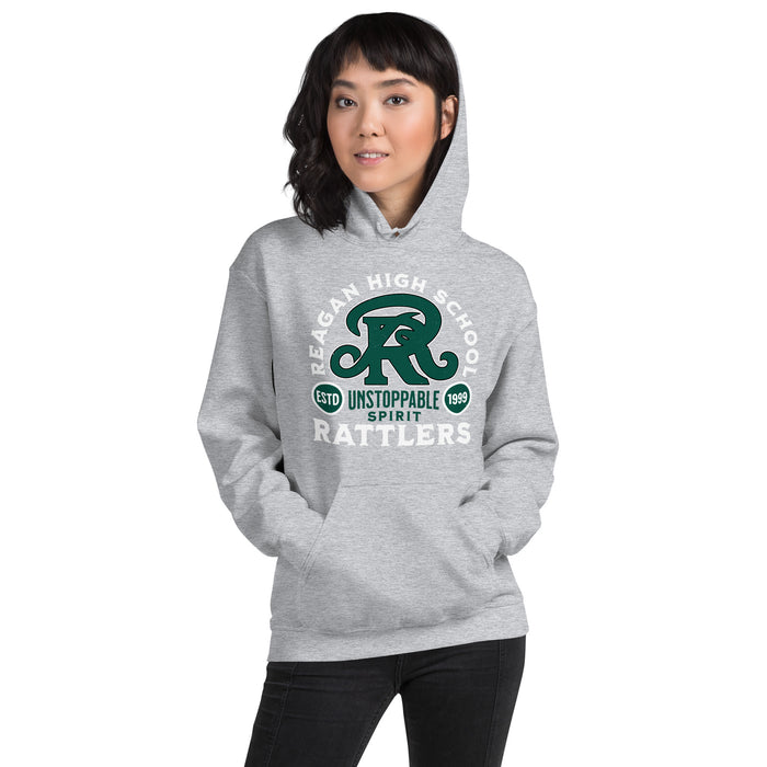 Woman wearing Reagan High School Rattlers Grey Classic Unisex Hoodie 208