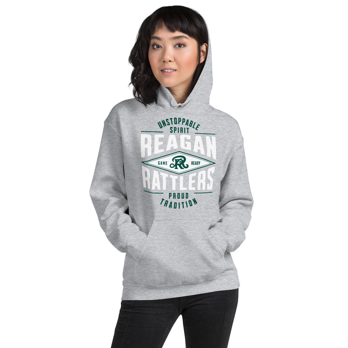 Woman wearing Reagan High School Rattlers Grey Classic Unisex Hoodie 210