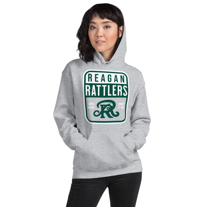 Woman wearing Reagan High School Rattlers Grey Classic Unisex Hoodie 001