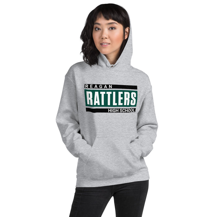 Woman wearing Reagan High School Rattlers Grey Classic Unisex Hoodie 098