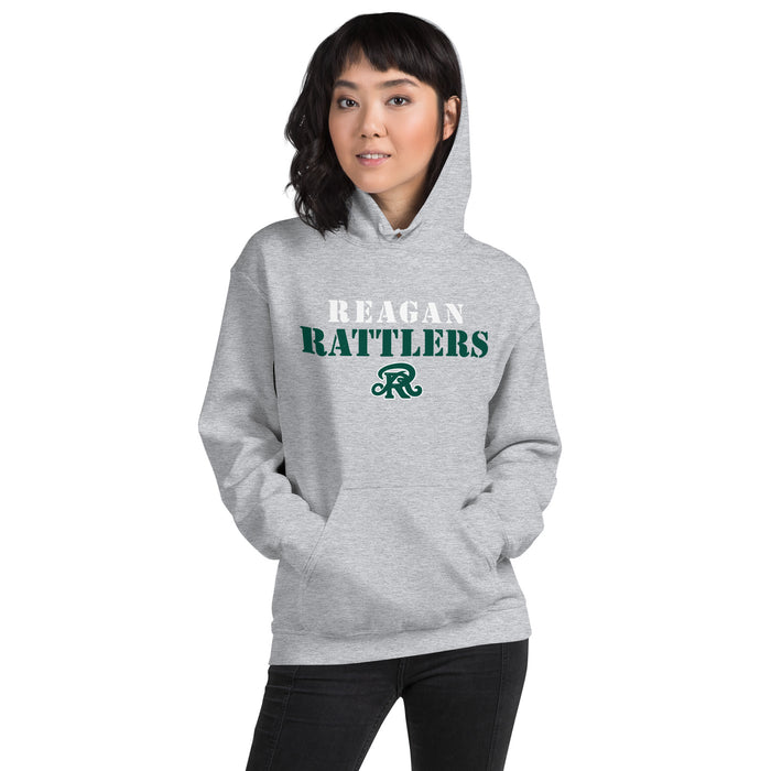 Woman wearing Reagan High School Rattlers Grey Classic Unisex Hoodie 017