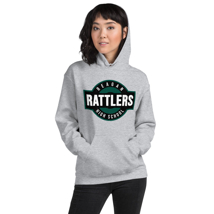 Woman wearing Reagan High School Rattlers Grey Classic Unisex Hoodie 011