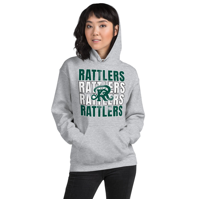 Woman wearing Reagan High School Rattlers Grey Classic Unisex Hoodie 233