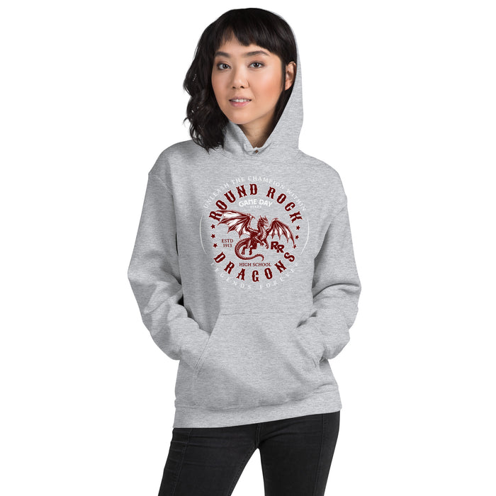 Woman wearing Round Rock High School Dragons Grey Classic Unisex Hoodie 214