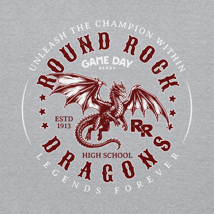 Close-up view of Round Rock High School Dragons Grey Classic Unisex Hoodie 214