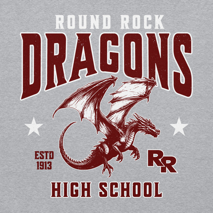 Close-up view of Round Rock High School Dragons Grey Classic Unisex Hoodie 213