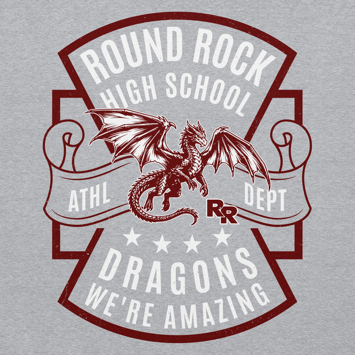 Close-up view of Round Rock High School Dragons Grey Classic Unisex Hoodie 207