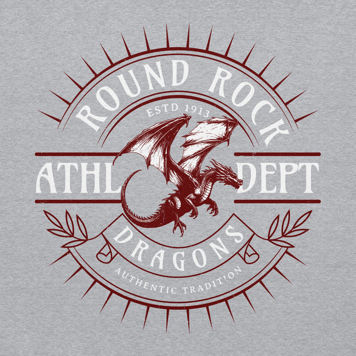 Close-up view of Round Rock High School Dragons Grey Classic Unisex Hoodie 201