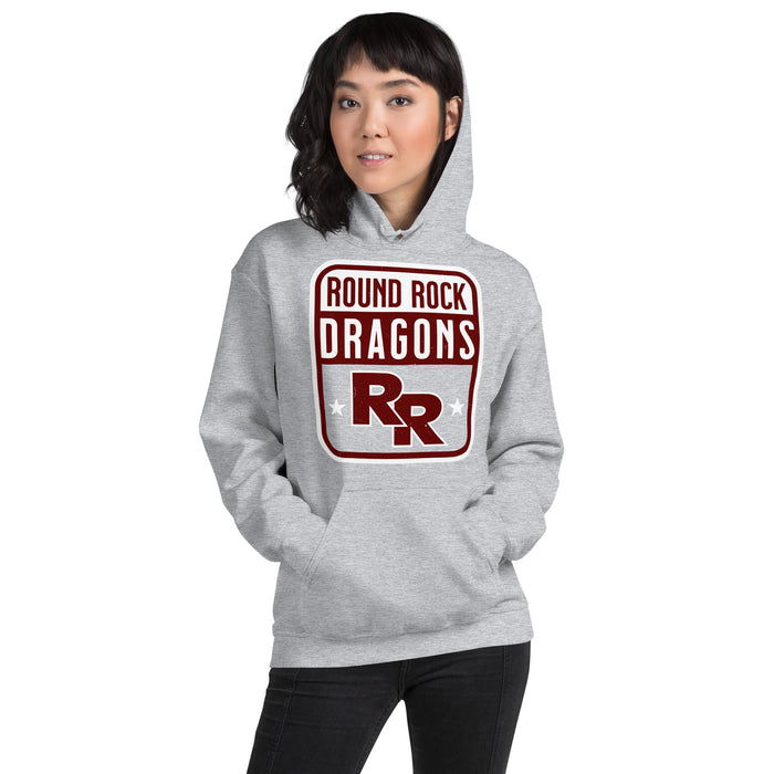 Woman wearing Round Rock High School Dragons Grey Classic Unisex Hoodie 001