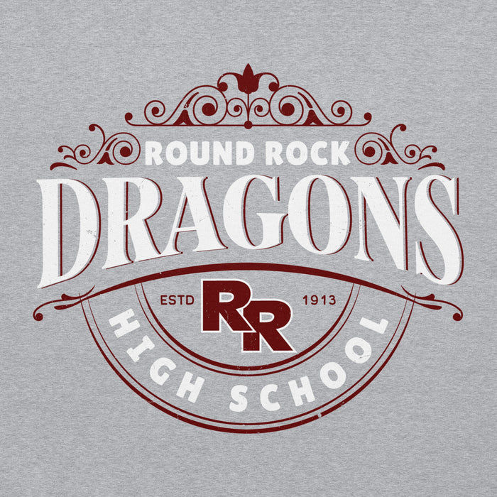 Close-up view of Round Rock High School Dragons Grey Classic Unisex Hoodie 211