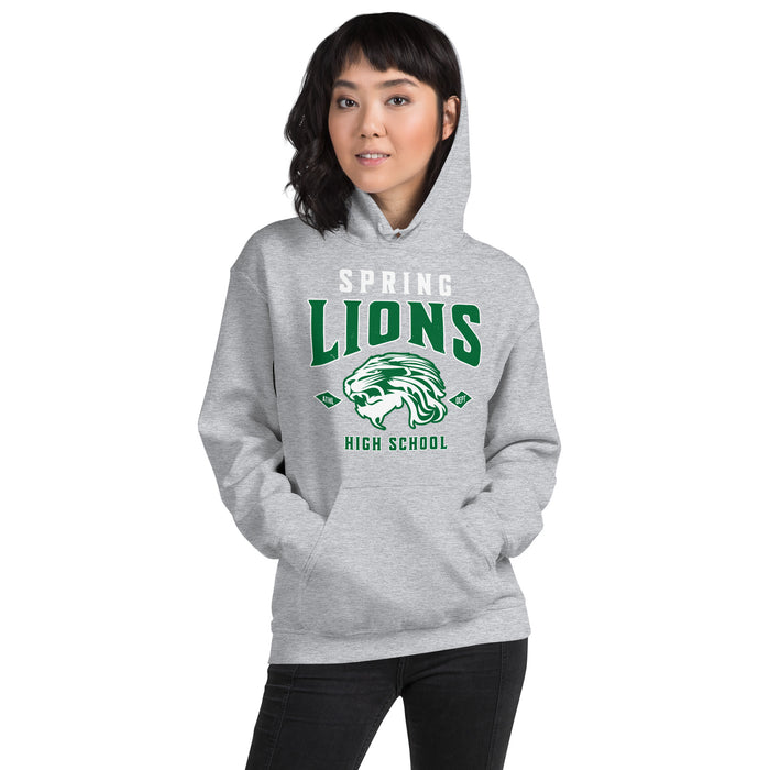 Woman wearing Spring High School Lions Grey Classic Unisex Hoodie 213