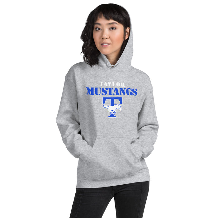 Woman wearing Taylor High School Mustangs Grey Classic Unisex Hoodie 017