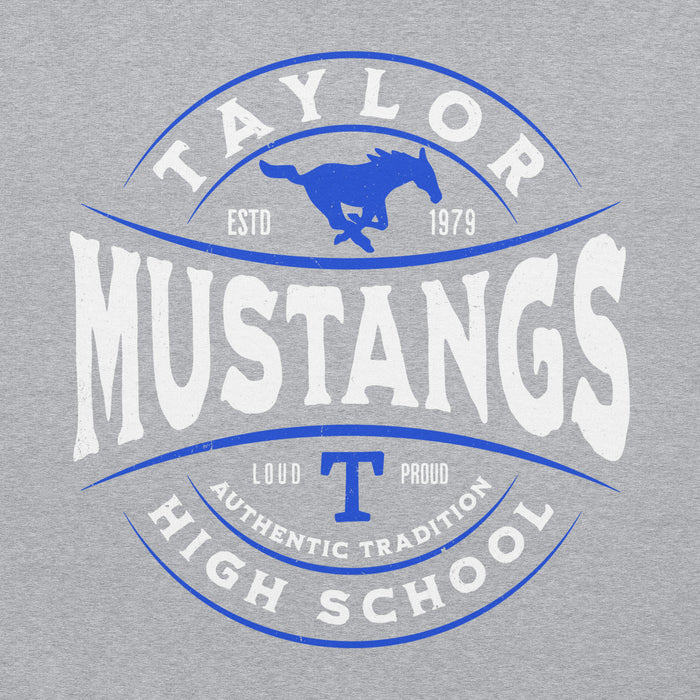 Close-up view of Taylor High School Mustangs Grey Classic Unisex Hoodie 218