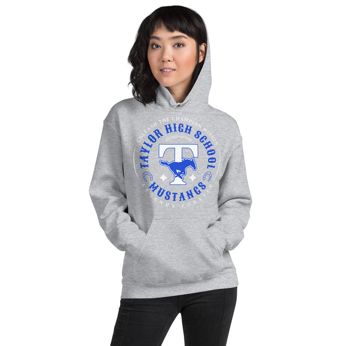 Woman wearing Taylor High School Mustangs Grey Classic Unisex Hoodie 214