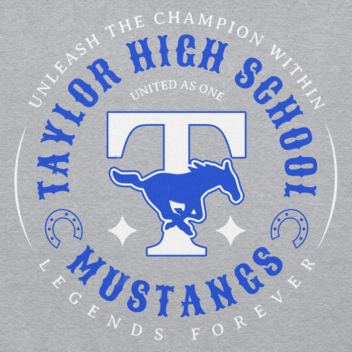 Close-up view of Taylor High School Mustangs Grey Classic Unisex Hoodie 214
