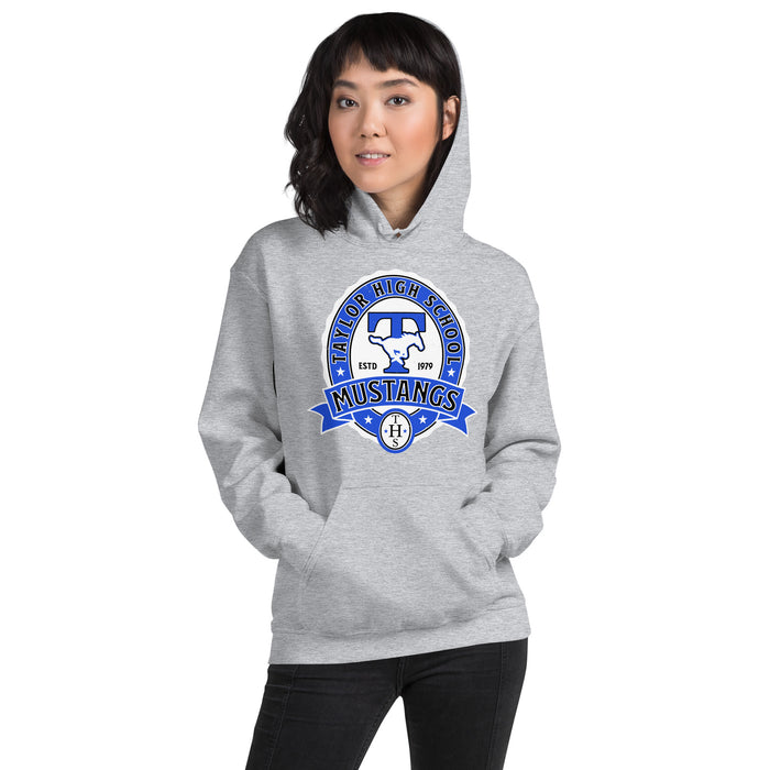 Woman wearing Taylor High School Mustangs Grey Classic Unisex Hoodie 212