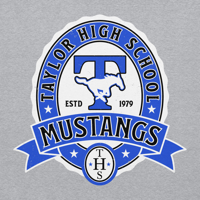 Close-up view of Taylor High School Mustangs Grey Classic Unisex Hoodie 212
