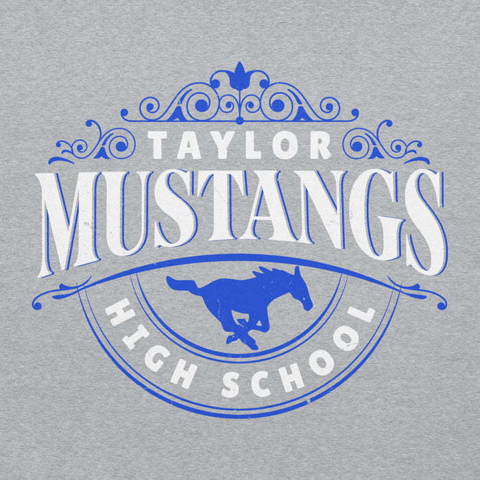 Close-up view of Taylor High School Mustangs Grey Classic Unisex Hoodie 211