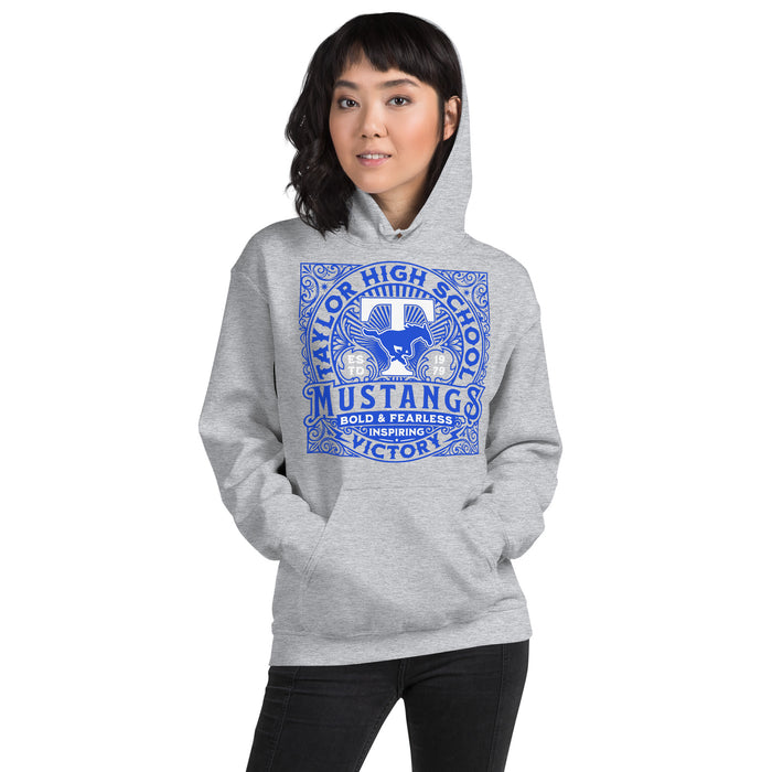 Woman wearing Taylor High School Mustangs Grey Classic Unisex Hoodie 206