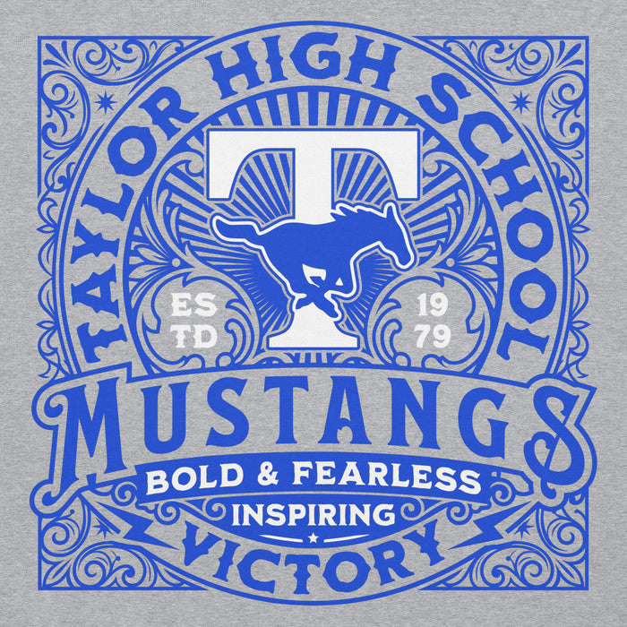 Close-up view of Taylor High School Mustangs Grey Classic Unisex Hoodie 206