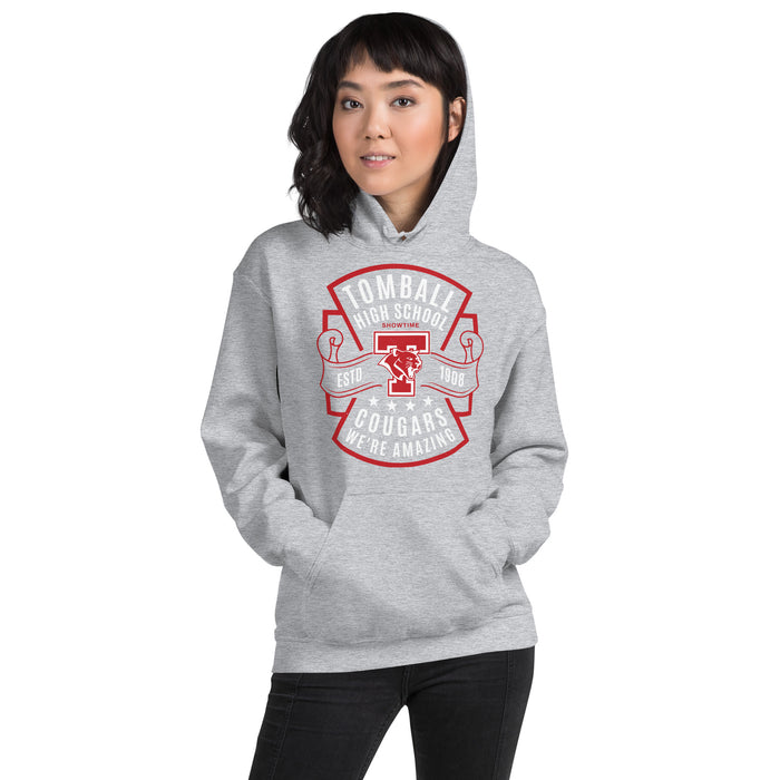 Woman wearing Tomball High School Cougars Grey Classic Unisex Hoodie 207
