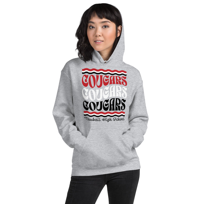 Woman wearing Tomball High School Cougars Grey Classic Unisex Hoodie 227