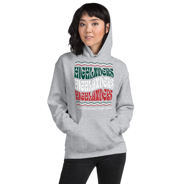 Female student wearing The Woodlands High School Highlanders Sport Grey Classic Unisex Hoodie 227