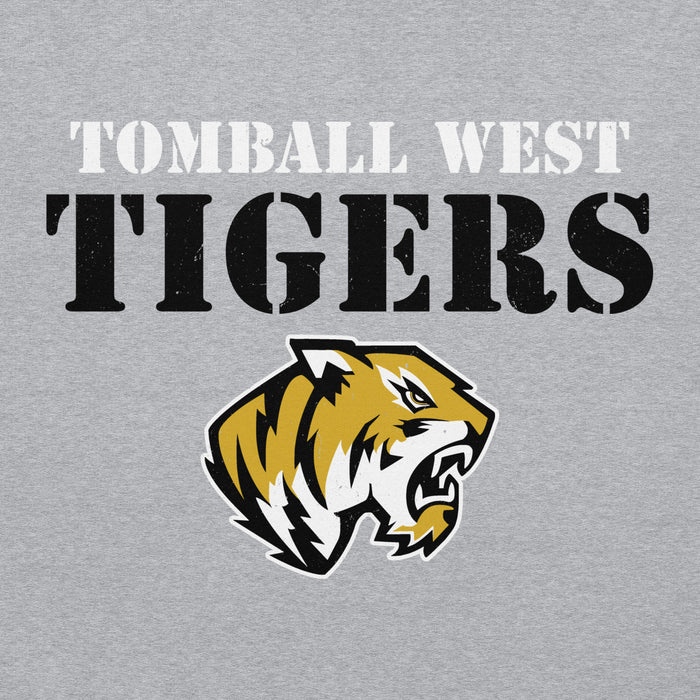 A heather gray t-shirt graphic featuring the text 'TOMBALL WEST TIGERS' with a stylized tiger mascot head below it. Tomball West High School Tigers Grey Classic Unisex Hoodie 017