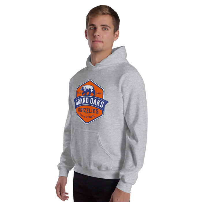 Man wearing aGrand Oaks High School Grizzlies Sport Grey Classic Unisex Hoodie 15