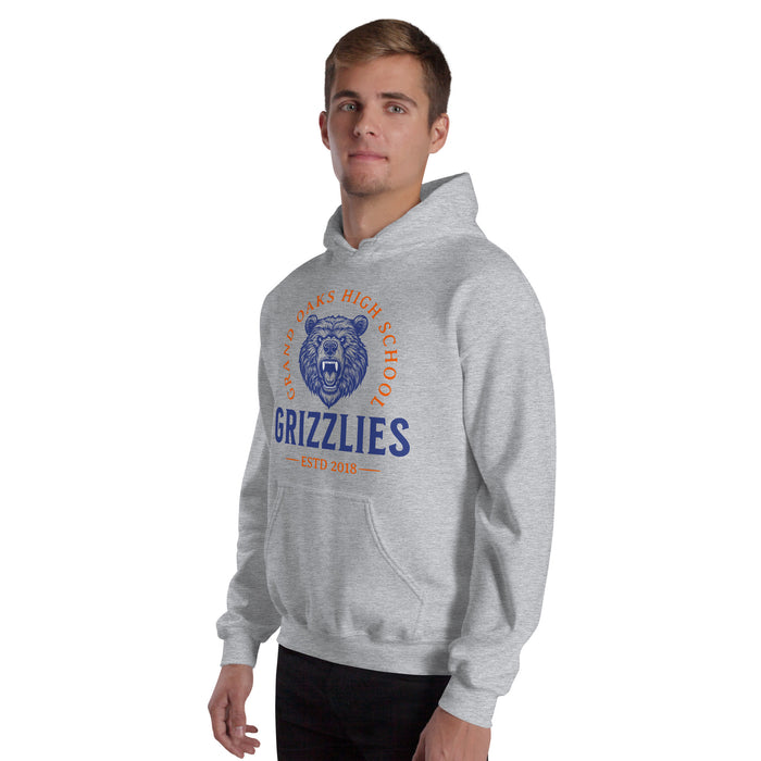 Man wearing a Grand Oaks High School Grizzlies Sport Grey Classic Unisex Hoodie 18