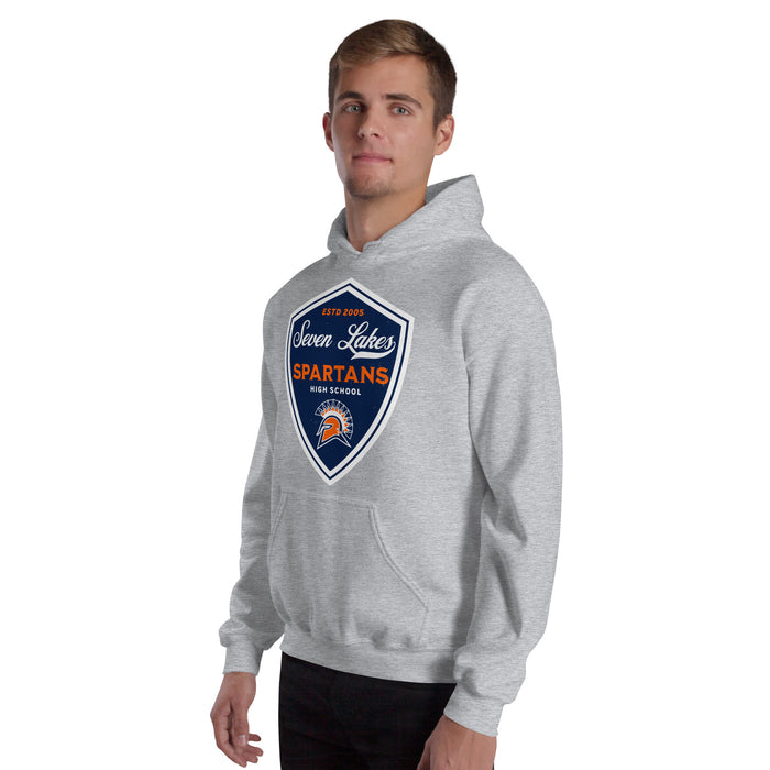 Man wearing Seven Lakes High School Spartans Grey Classic Unisex Hoodie 225