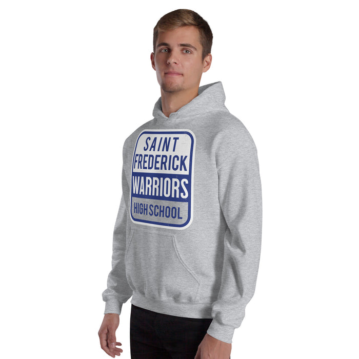 Man wearing St. Frederick High School Warriors Grey Classic Unisex Hoodie 001