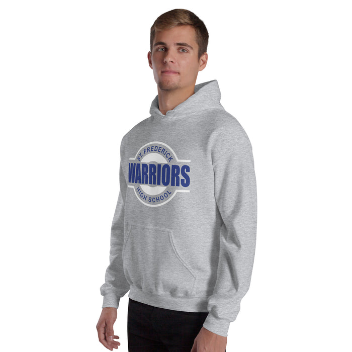 Man wearing St. Frederick High School Warriors Grey Classic Unisex Hoodie 011