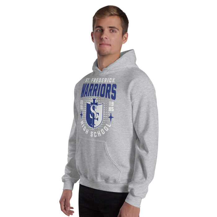 Man wearing St. Frederick High School Warriors Grey Classic Unisex Hoodie 204