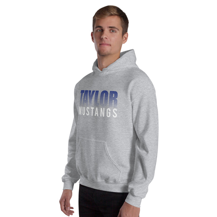 Man wearing Taylor High School Mustangs Grey Classic Unisex Hoodie 024