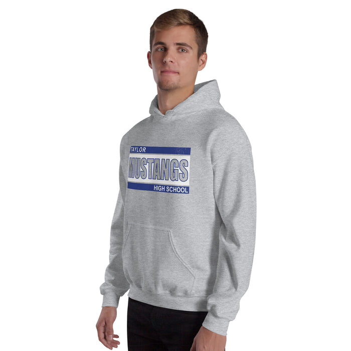 Man wearing Taylor High School Mustangs Grey Classic Unisex Hoodie 098