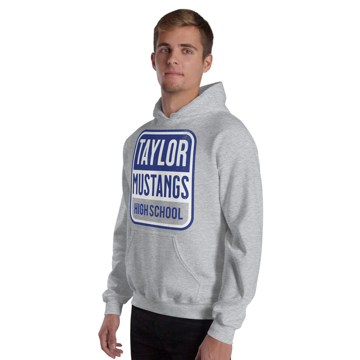 Man wearing Taylor High School Mustangs Grey Classic Unisex Hoodie 001