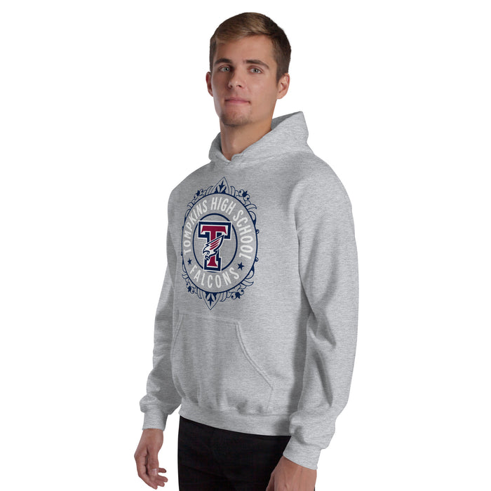 Man wearing Tompkins High School Falcons Grey Classic Unisex Hoodie 227