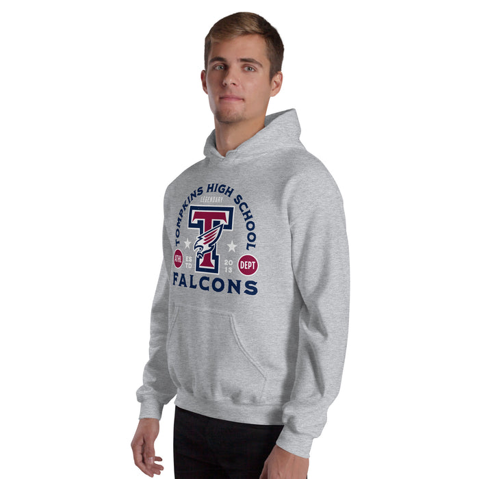 Man wearing Tompkins High School Falcons Grey Classic Unisex Hoodie 208