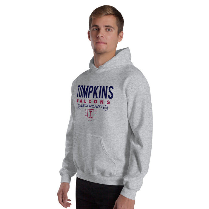 Man wearing Tompkins High School Falcons Grey Classic Unisex Hoodie 003