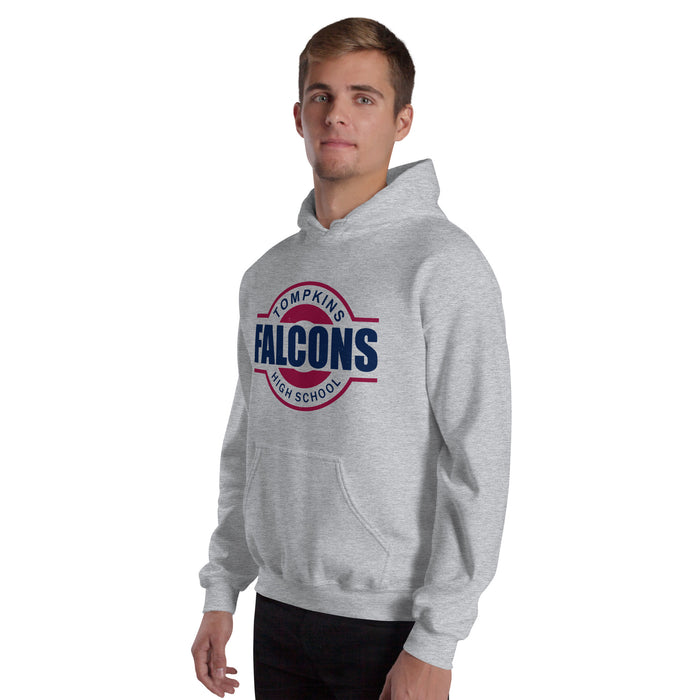 Man wearing Tompkins High School Falcons Grey Classic Unisex Hoodie 011