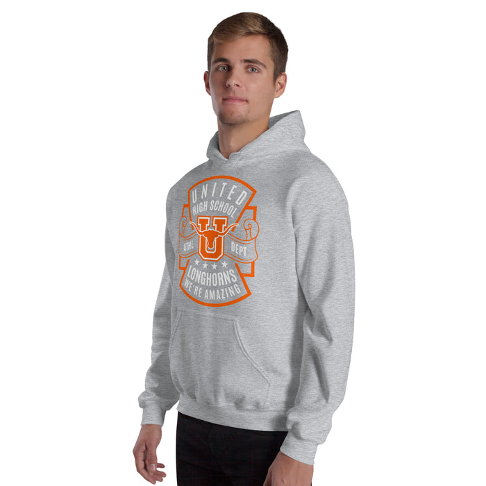 Man wearing United High School Longhorns Grey Classic Unisex Hoodie 207