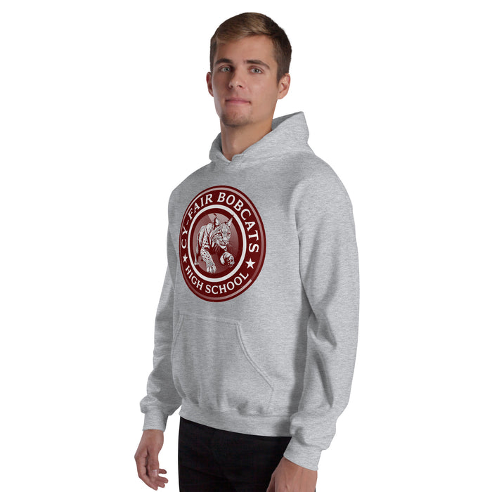Man wearing Cy-Fair High School Bobcats Sport Grey Classic Unisex Hoodie 222