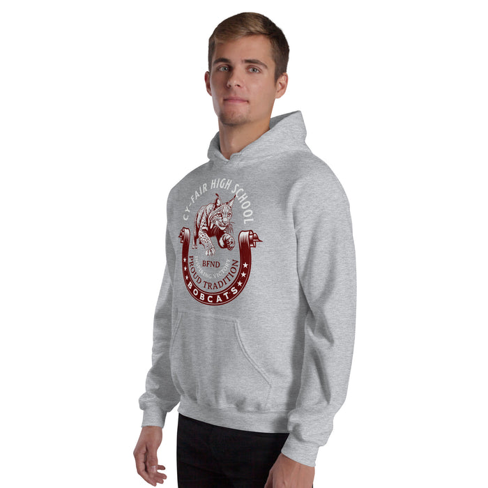 Man wearing Cy-Fair High School Bobcats Sport Grey Classic Unisex Hoodie 229