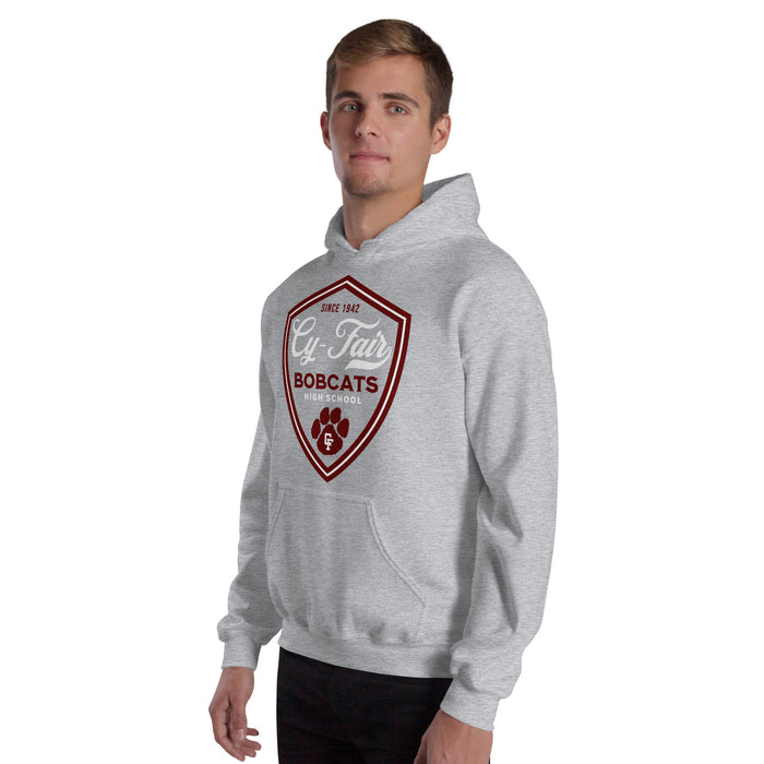Man wearing Cy-Fair High School Bobcats Sport Grey Classic Unisex Hoodie 225